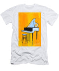 Strike a Chord Modern Stylized Grand Piano and Stool Set Against Vibrant Orange Olfactoart Studio T-Shirt