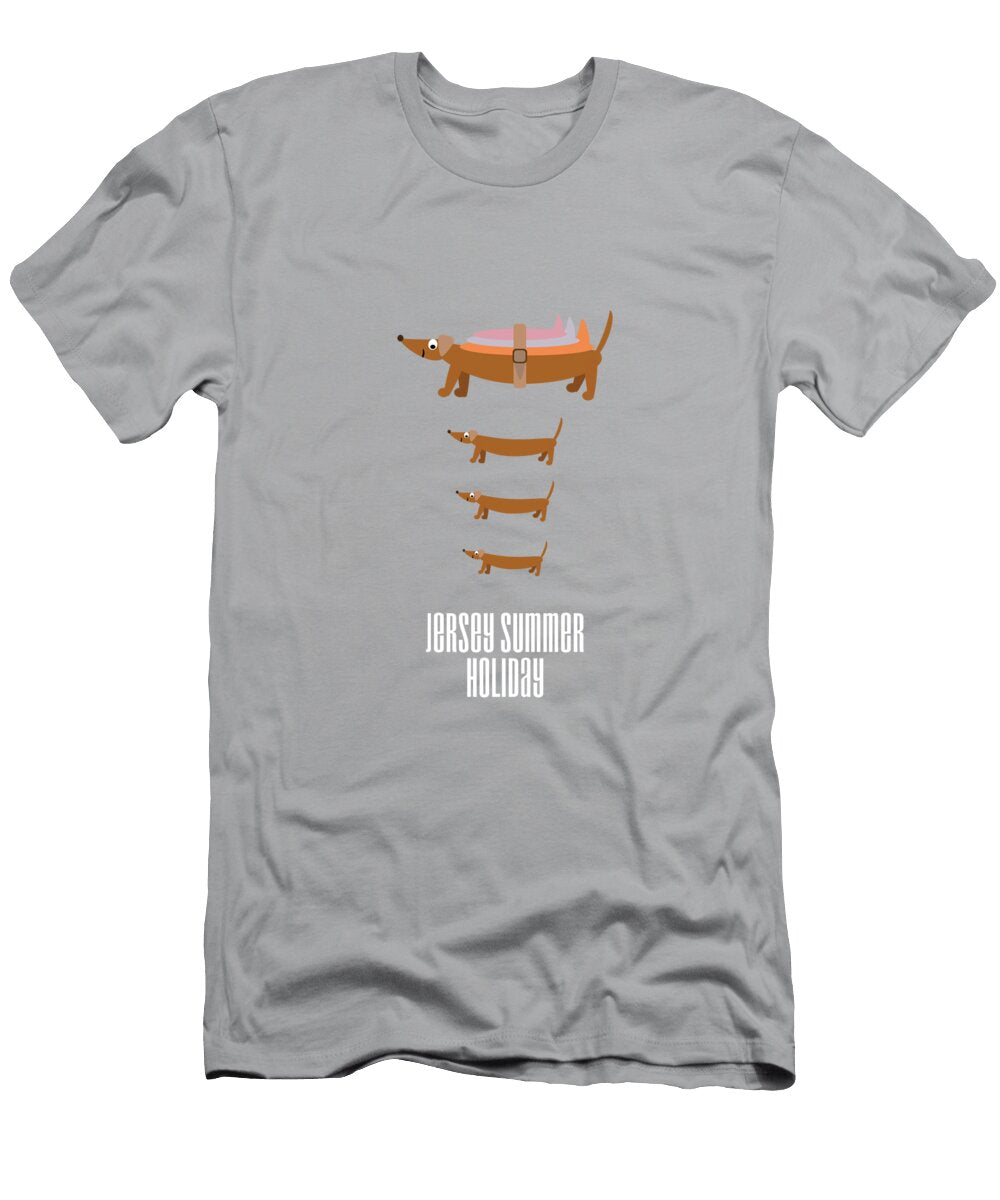 Surfing Dachshund Family on a Jersey Summer Holiday No Background Barefoot Bodeez Art T-Shirt