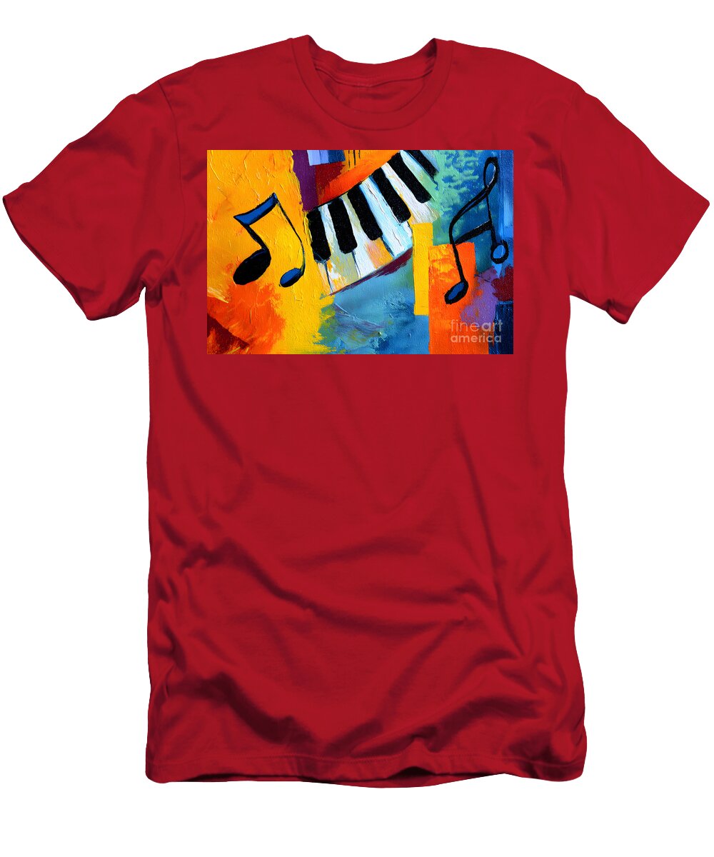 Swirling Piano Melody Vibrant Abstract Music Art with Bold Blues Oranges and Yellows Olfactoart Studio T-Shirt