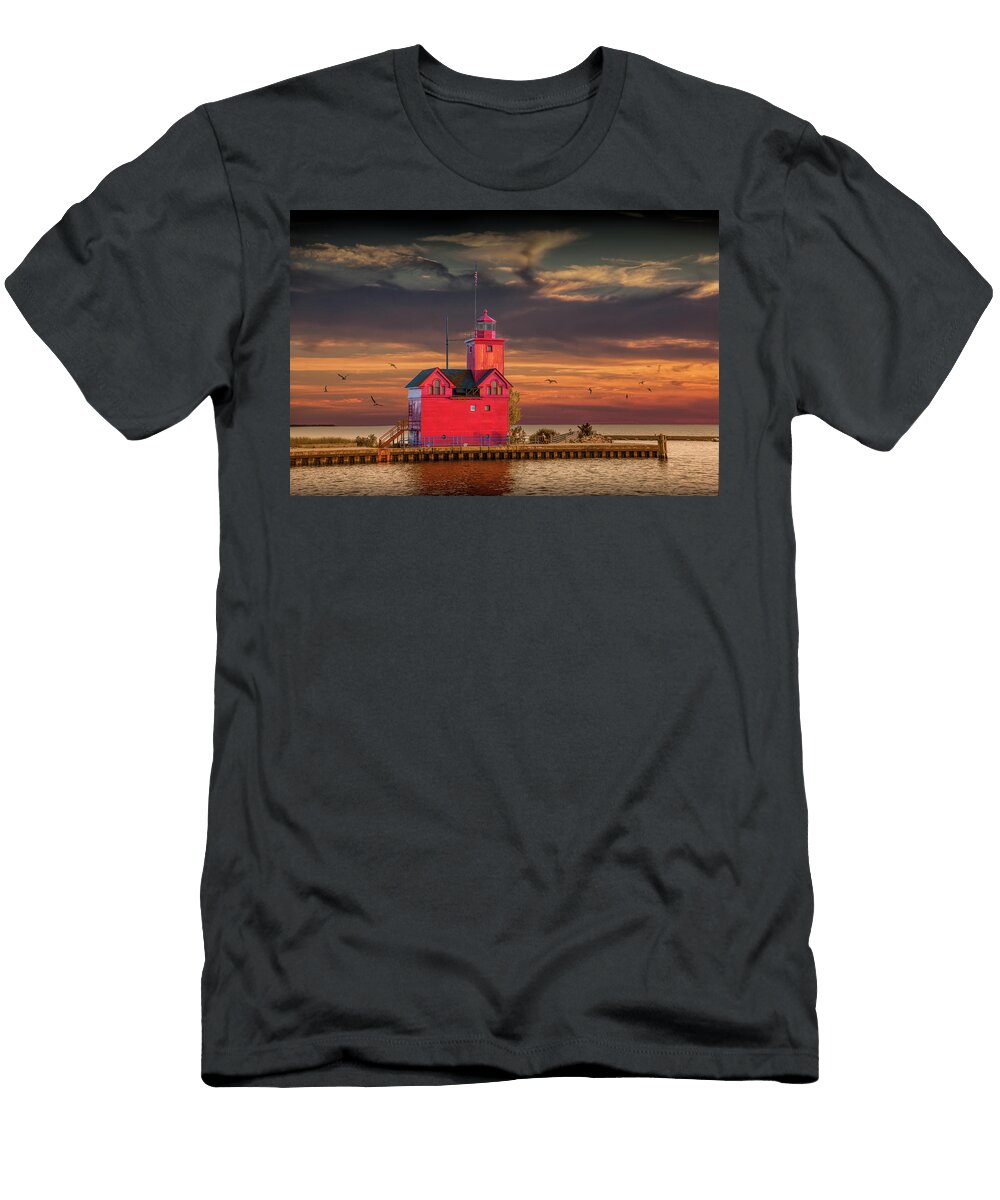 The Big Red Lighthouse At Sunset on Lake Michigan By Ottawa Beac Randall Nyhof T-Shirt
