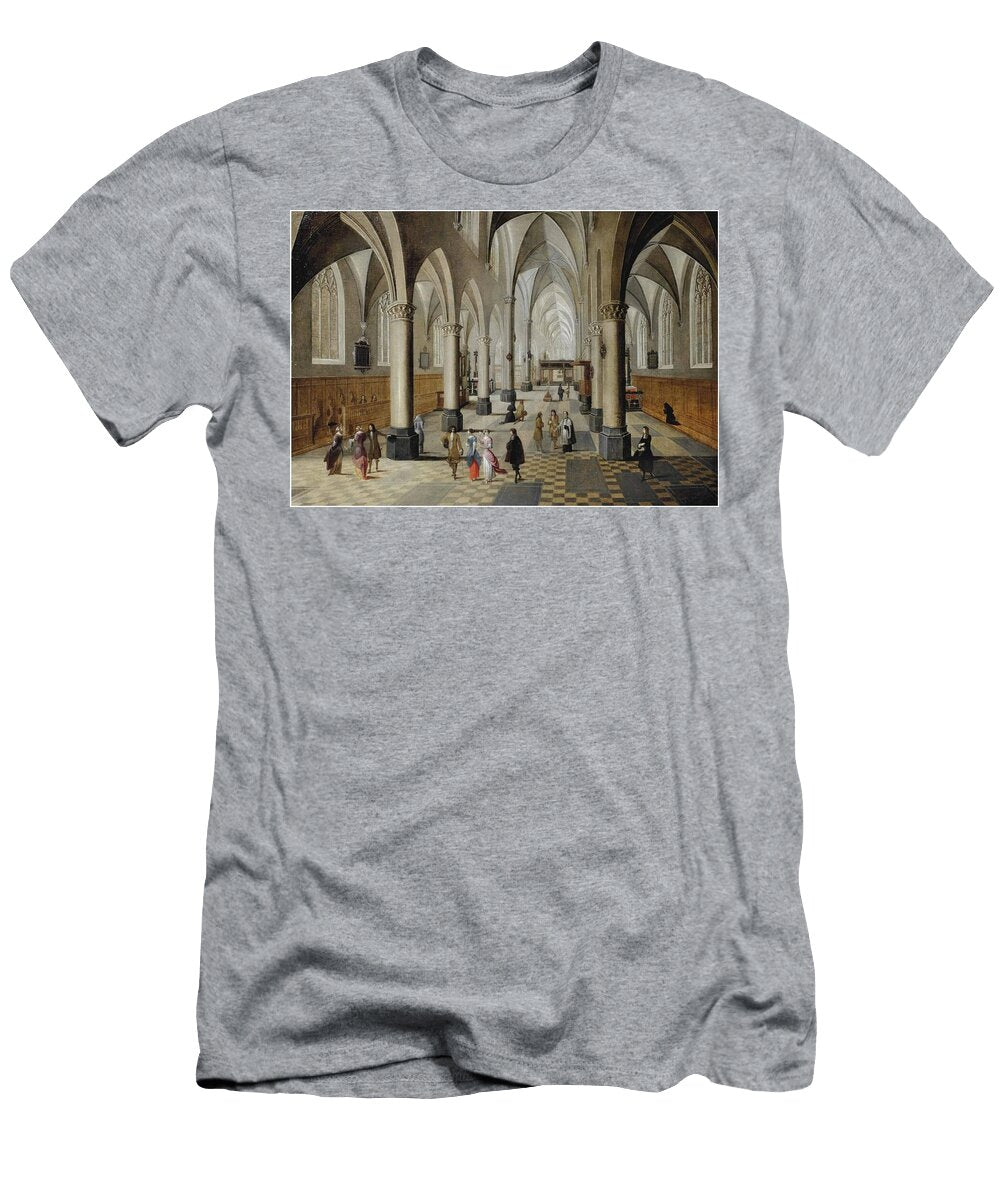 The Interior of a Gothic Church with Elegant Figures Strolling and Conversing Pieter Neeffs T-Shirt