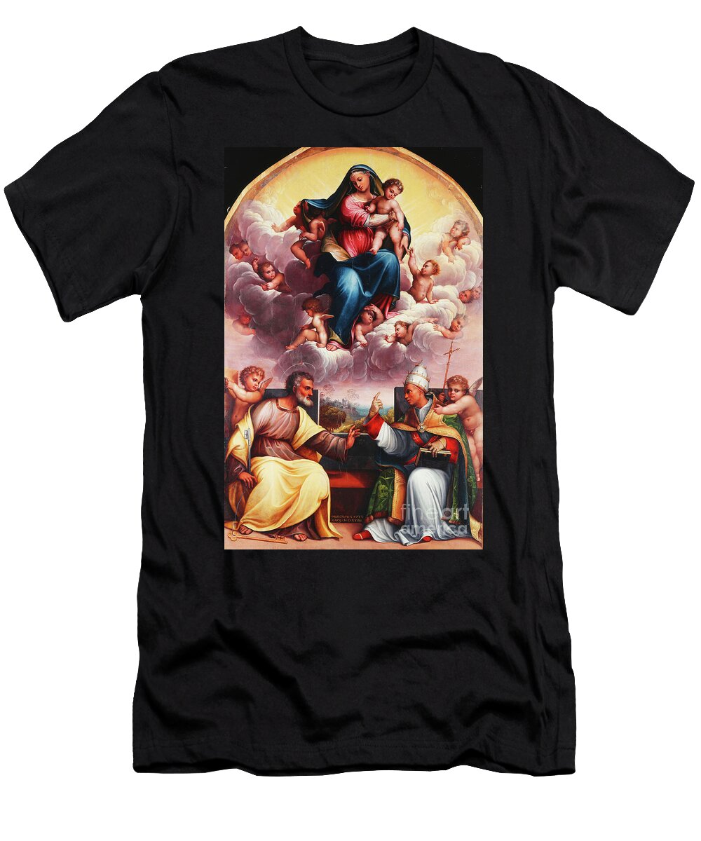 The Madonna and Child in Glory with Saints Peter and Gregory the Great Disputing and Angels Girolamo Marchesi Da Cotignola T-Shirt