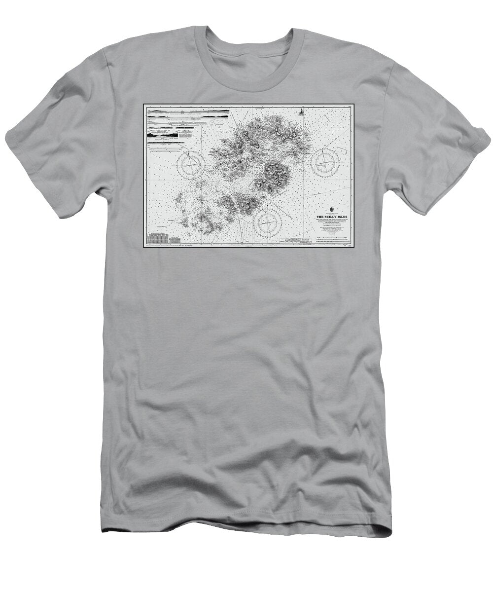 The Scilly Isles Vintage Nautical Map and Admirality Chart 34 1911 Black and White Carol Japp T-Shirt