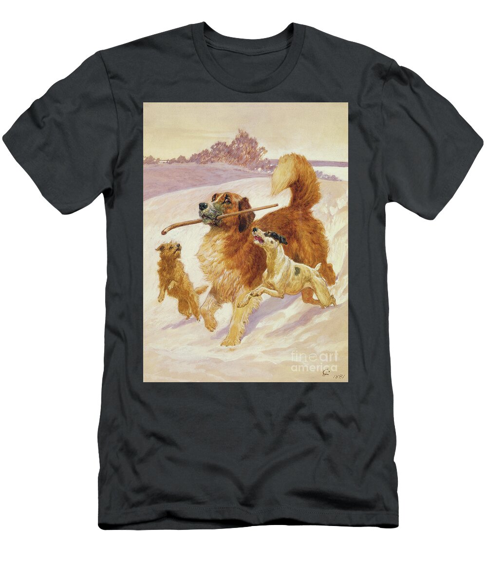 Three Dogs Playing in the Snow John Charlton T-Shirt