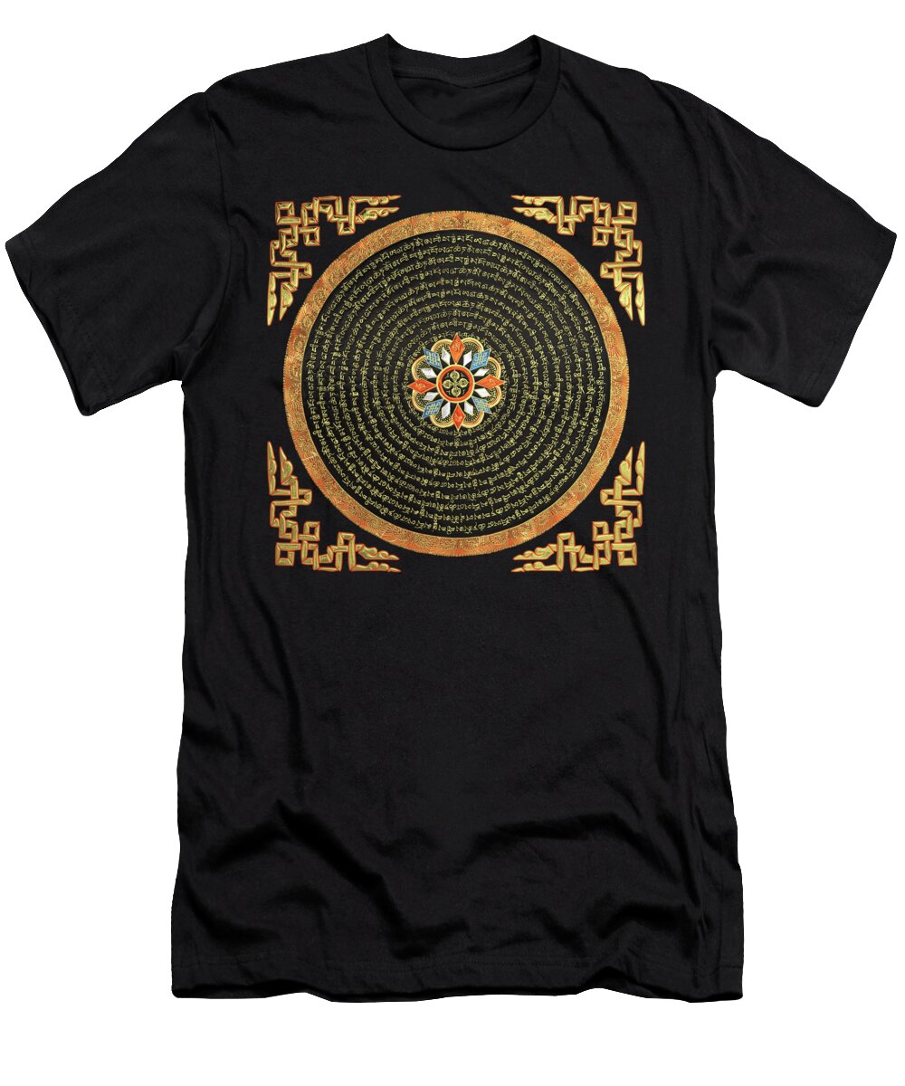 Tibetan Thangka Buddhist Mandala with Double Vajra Over Black Leather Serge Averbukh T-Shirt