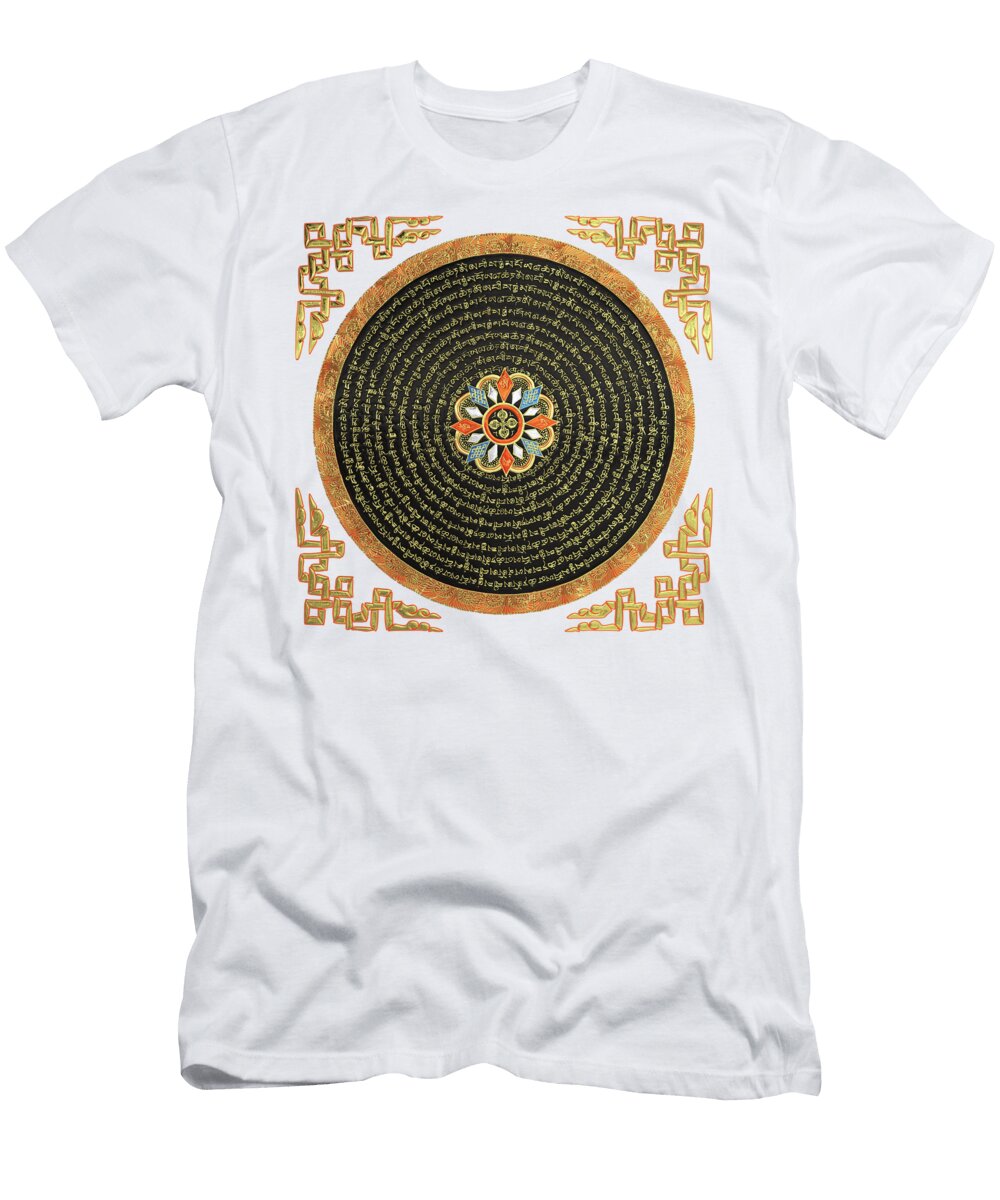 Tibetan Thangka Buddhist Mandala with Double Vajra Over White Leather Serge Averbukh T-Shirt