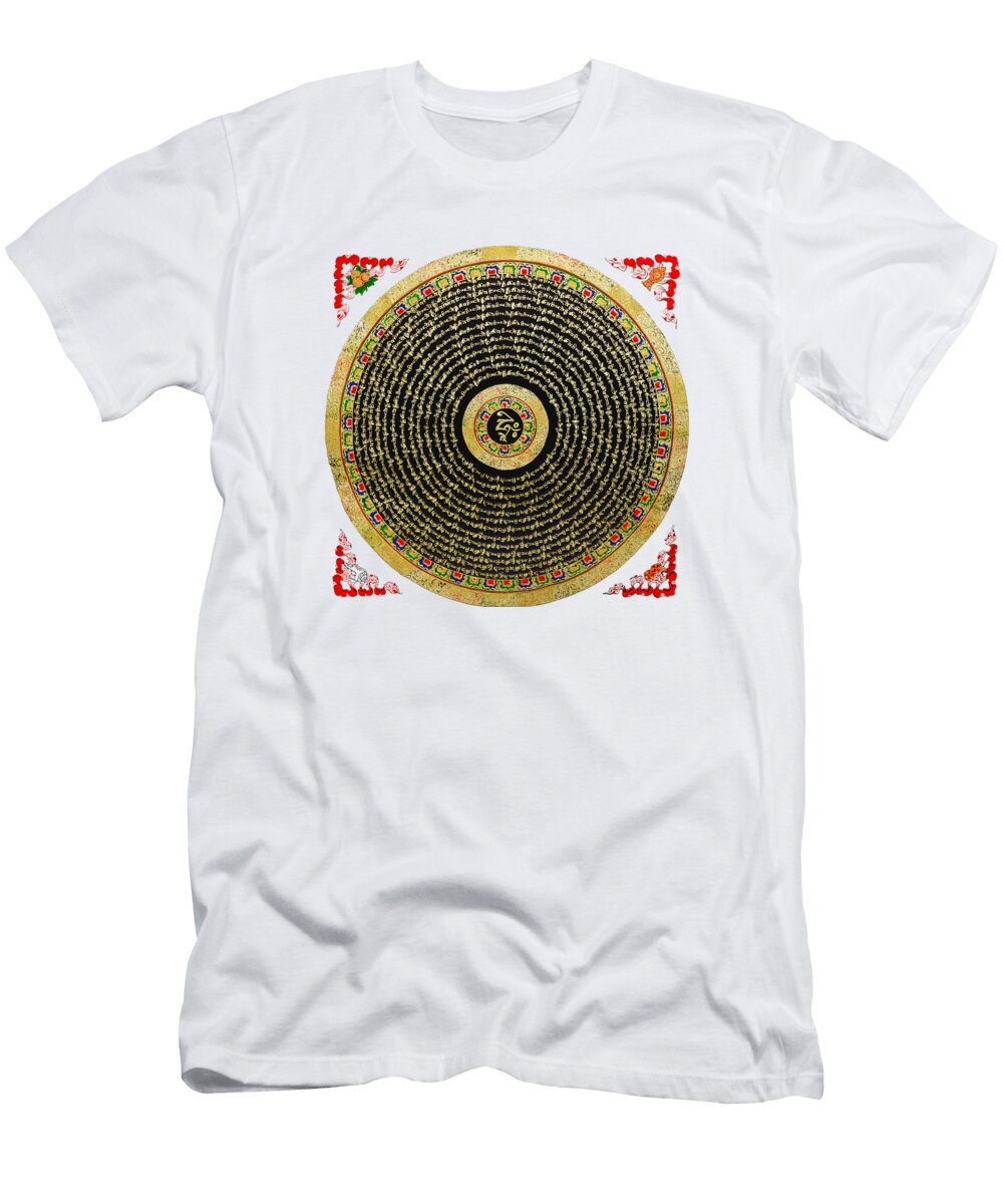Tibetan Thangka Om Mandala with Syllable Mantra Over White Leather Serge Averbukh T-Shirt