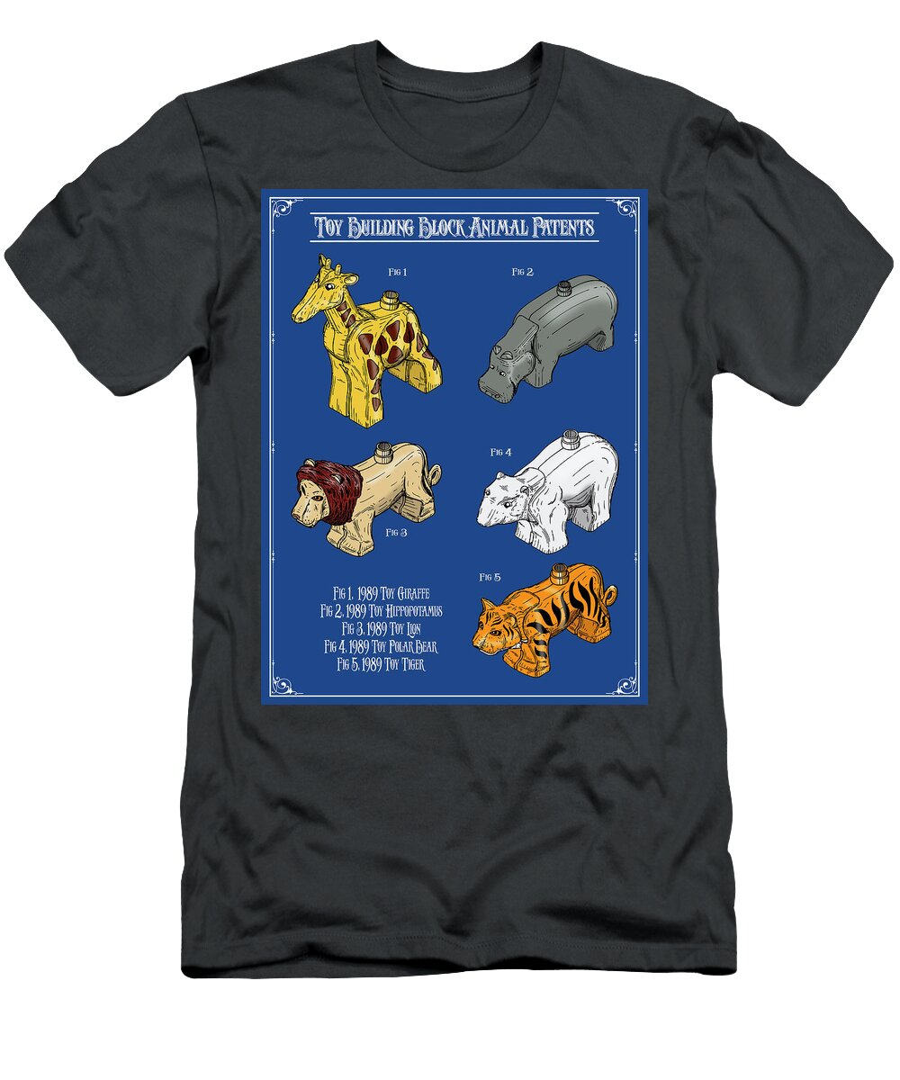 Toy Building Block Animal Patents Colorized Patent Print Dark Blue Greg Edwards T-Shirt