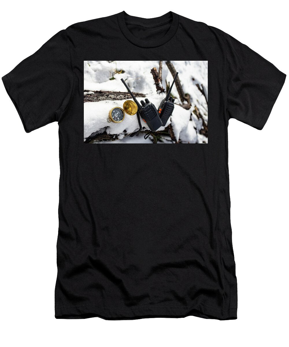 Two Black Walkie Talkies on a Tree Log Covered in Frozen White S Dorin Puha T-Shirt