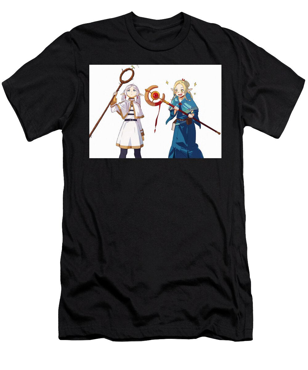 Two Elven Sorceresses Hold Staffs Isolated on White Sasha Moon T-Shirt
