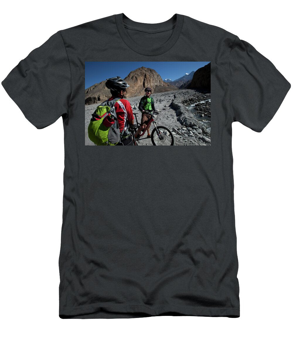 Two Men Converse While Mountain Biking Trevor Clark T-Shirt