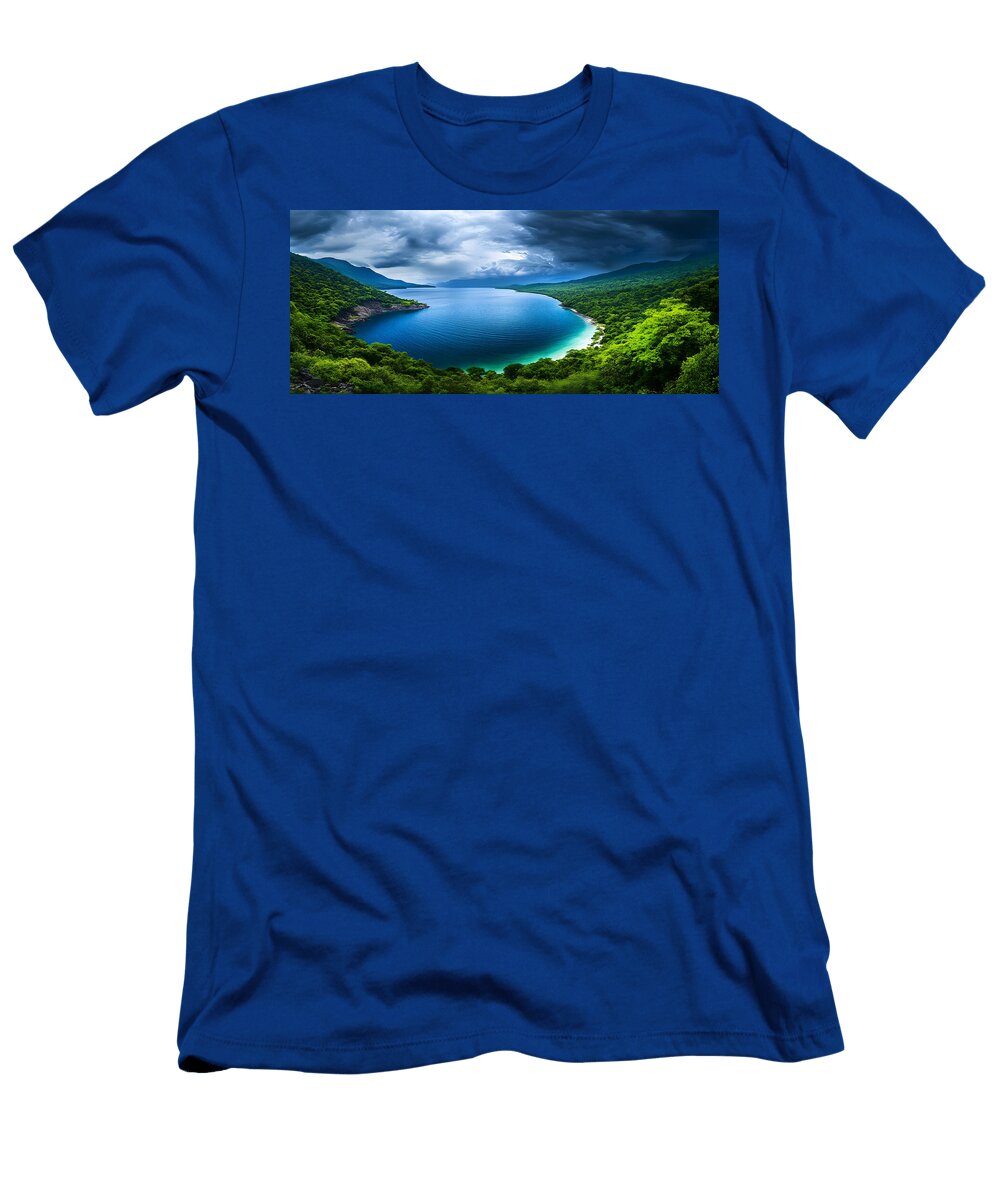 Ultra Hd Tanzania Panorama with Forested Peaks and Blue Lake John Bloom T-Shirt