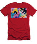 Vibrant Abstract Composition with Piano Keys and Musical Notes Bold Geometric Shapes Evoking Rhythm Olfactoart Studio T-Shirt