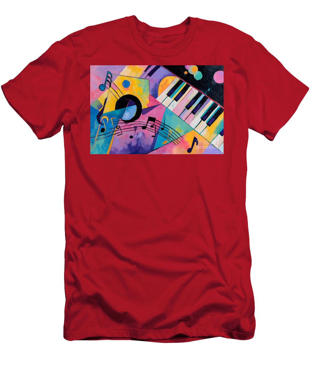 Vibrant Abstract Composition with Piano Keys and Musical Notes Bold Geometric Shapes Evoking Rhythm Olfactoart Studio T-Shirt