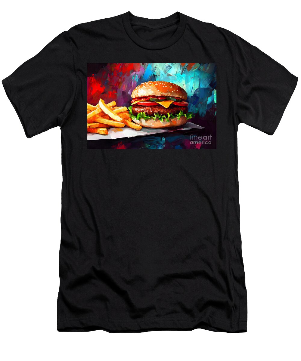 Vibrant Burger Bliss Fresh Layers Golden Fries and Dynamic Colors Olfactoart Studio T-Shirt