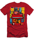 Vibrant Red Piano Amidst a Colorful Symphony of Abstract Shapes and Musical Notes Olfactoart Studio T-Shirt