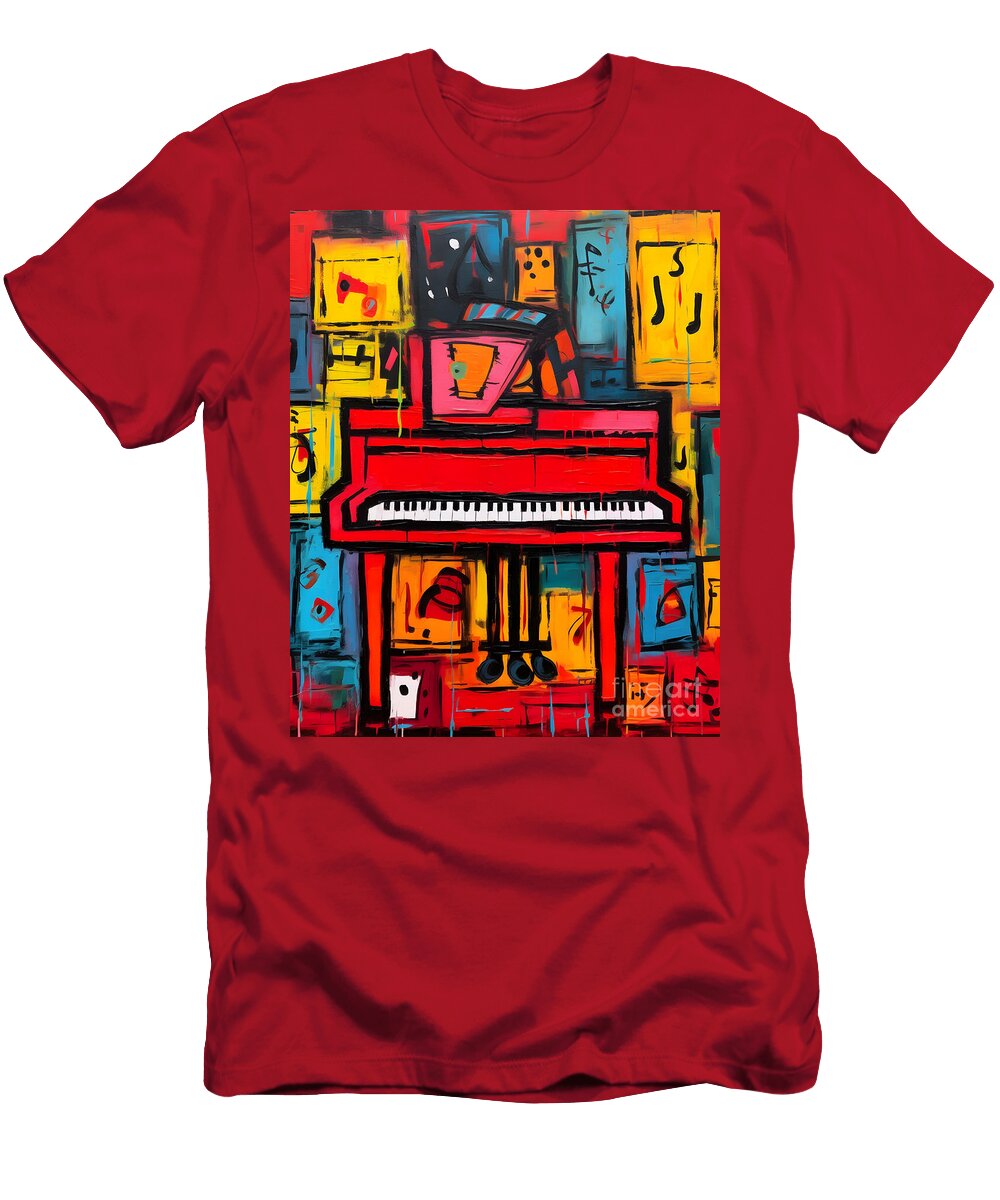 Vibrant Red Piano Amidst a Colorful Symphony of Abstract Shapes and Musical Notes Olfactoart Studio T-Shirt