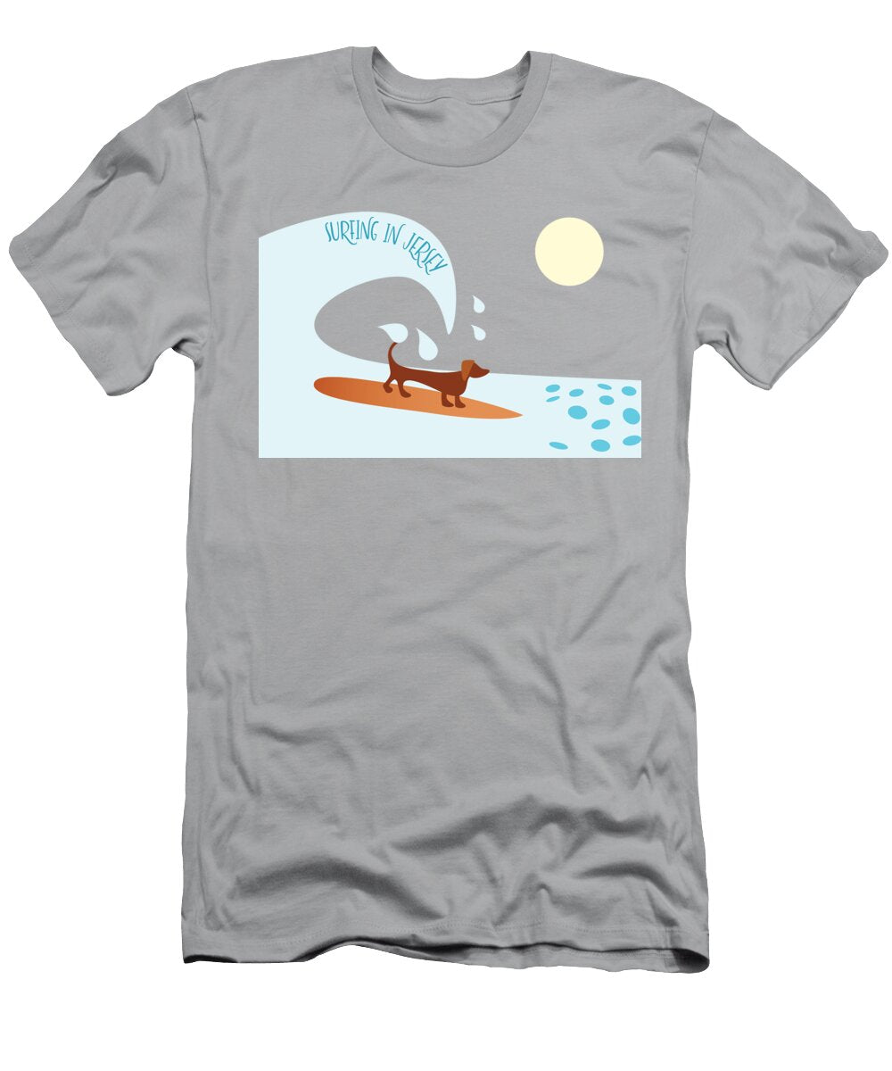 Vintage Look Cute Dachshund Surfing in Jersey No Background Barefoot Bodeez Art T-Shirt