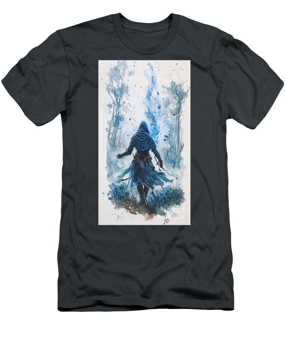 Watercolor Painting a Rogue Mage Casting Spells in a Twilight Glen Mysterious Character Fantasy Figu Clint Mclaughlin T-Shirt
