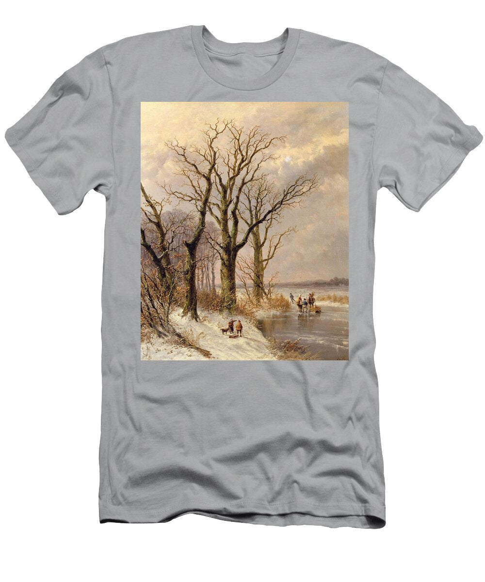 Winter Landscape with Faggot Gatherers Conversing on a Frozen Lake Josephus Gerardus Hans T-Shirt