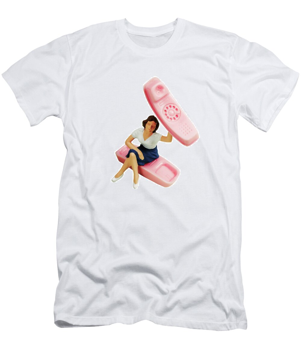 Woman Holding Up Pink Telephone Csa Images T-Shirt