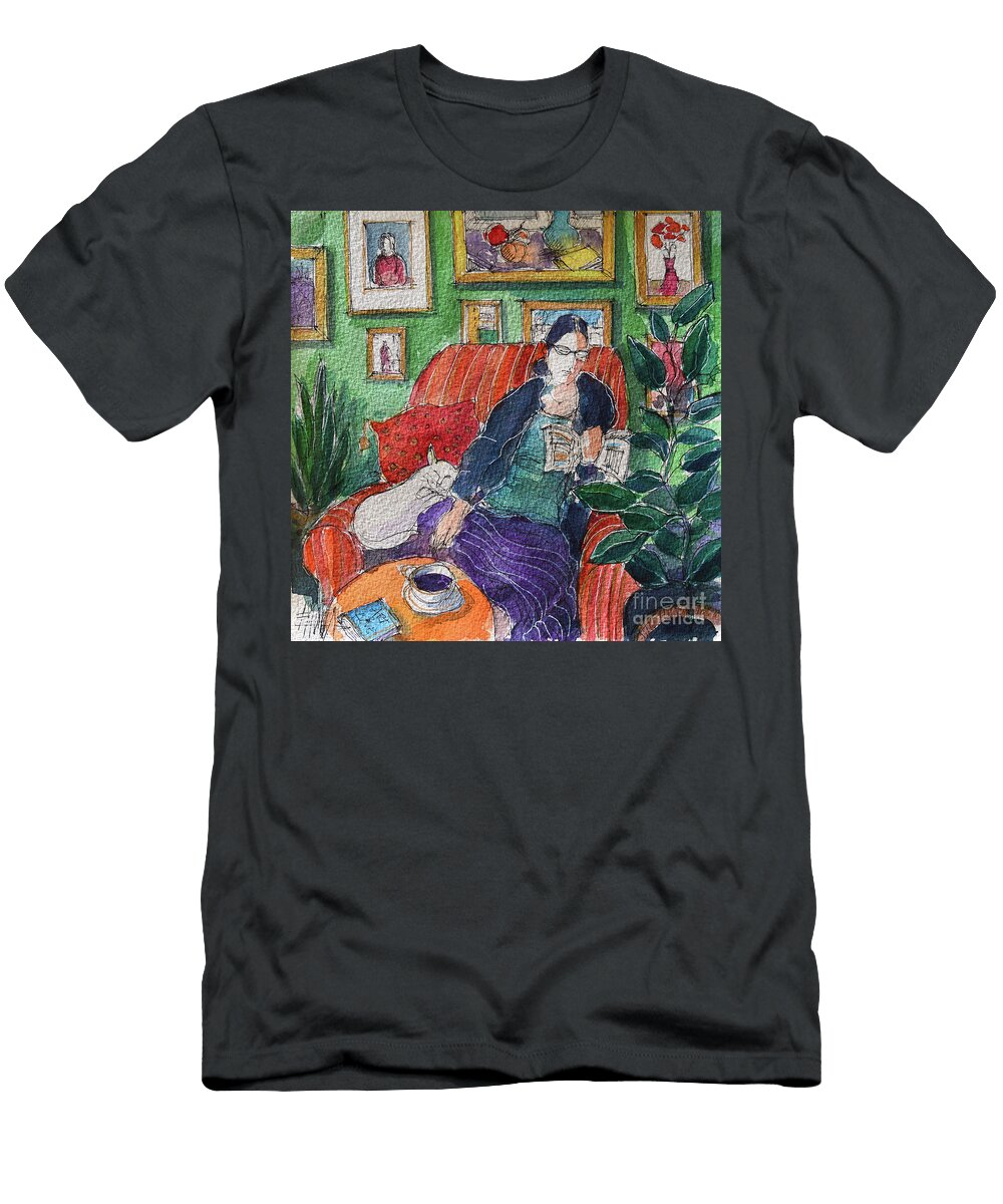 Woman with Cat Watercolor Painting Mona Edulesco Mona Edulesco T-Shirt