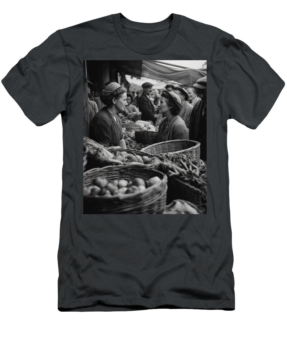 Women Conversing At a Busy Market the Somewhere Shack T-Shirt