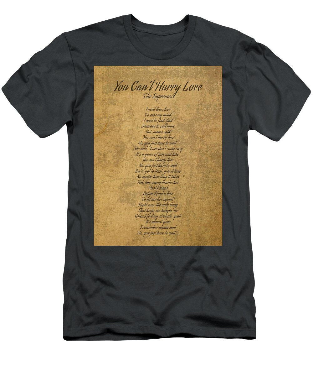 You Cant Hurry Love By the Supremes Vintage Song Lyrics on Parchment Design Turnpike T-Shirt